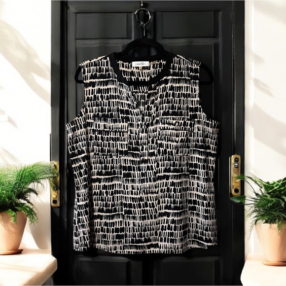 Calvin Klein Vintage Black & Tan Print Sleeveless Top - Picture 1 of 16